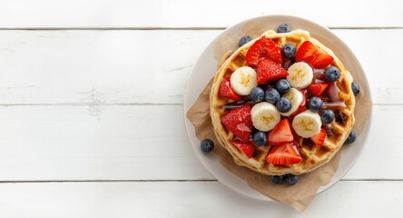 Round waffles covered in sliced fruit paired with coffee captured from above on white wooden surface
