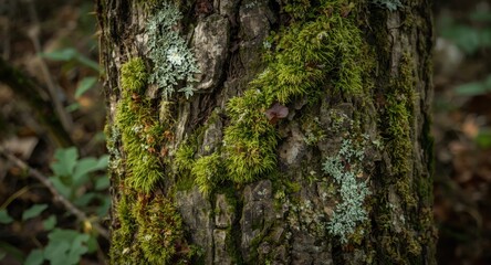 Fototapeta premium Natural ecosystem with moss and lichen on tree bark featuring detailed texture and environmental interaction