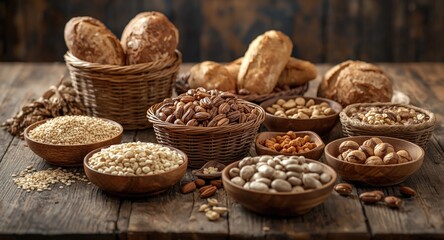 Wood finished table displaying a creative assortment of breads grains and nuts for a rustic meal