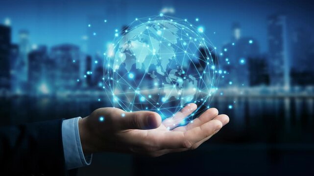 Global digital network concept with globe in hand symbolizing international business cloud computing transformation and connected global network in futuristic cityscape at night