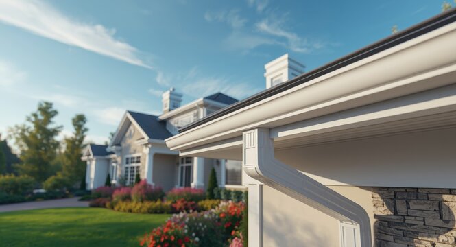 White gutter guard system protecting gutters on a luxury American single family home exterior