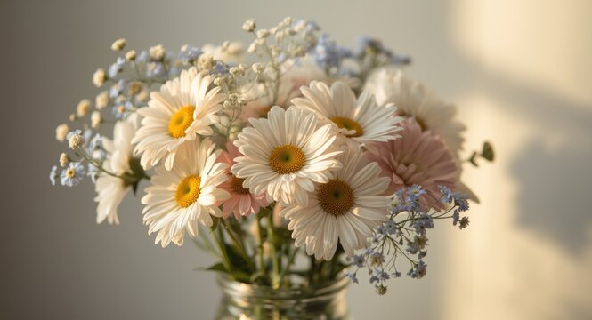Handpicked daisies mixed with Erigeron glaucus blossoms in vase