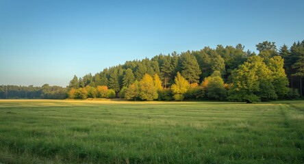 Fototapeta premium bright grassy pasture next to rich forest vegetation