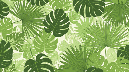 Fototapeta premium A dense and lush seamless pattern featuring a variety of green tropical leaves, including monstera and palm fronds, creating a jungle background.