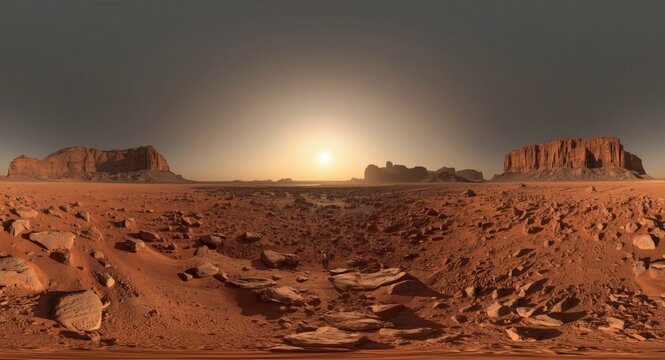 High resolution panoramic of a sunrise environment on Mars with vivid spherical HDRI