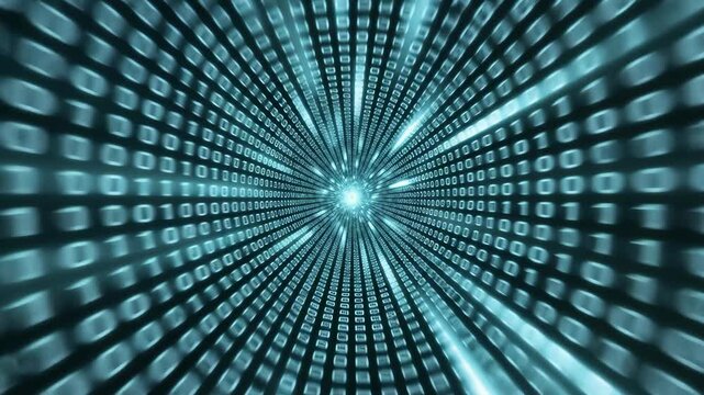 Vivid streams of binary data swirl and merge in a mesmerizing futuristic realm. Dynamic light patterns evoke a sense of infinite exploration and digital artistry.