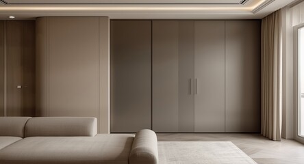 Fototapeta premium Contemporary living room featuring a modern sofa, tall cupboard, and sleek door design