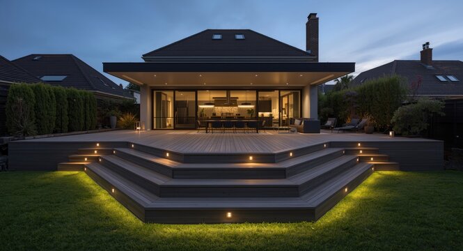 Refined modern home extension with two level ash grey composite decking and decorative deck lights for landscape