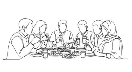 Obraz premium People gathered around a table enjoying a meal line art silhouette