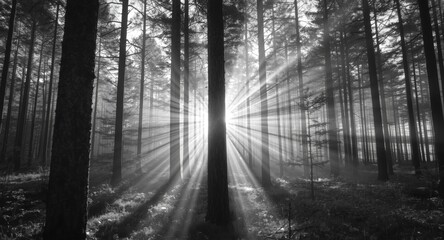 Monochrome view of sunbeams shining through pine tree trunks