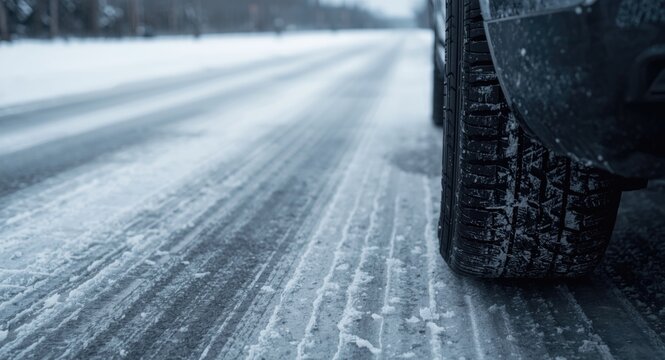 Snow tire closeup on icy street showing wide empty zone for text on the left side