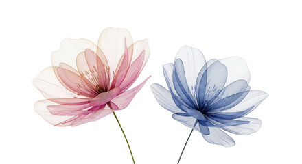 Fototapeta premium Two delicate transparent flowers in pink and blue on transparent background
