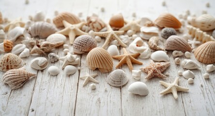 Organized seashells and starfish on white wooden tabletop inspired by coastal environments combining sandy beaches and marine life