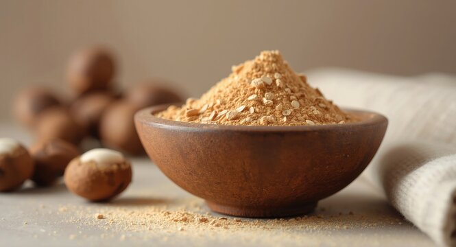 Rustic bowl filled with shikakai and soapnut powder in crisp selective focus