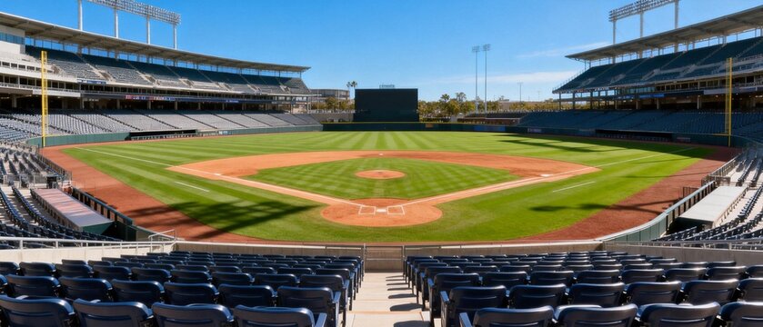 Empty baseball stadium with green field