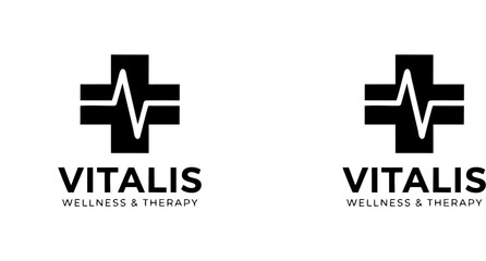 Fototapeta premium Vitalis Wellness and Therapy Vector Logo, Medical Cross with Heartbeat Pulse Line, Professional Healthcare Design for Clinic, Pharmacy, Hospital, and Emergency Services.
