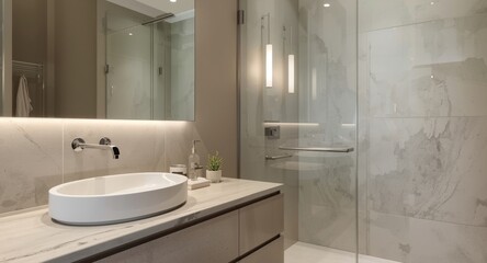 Fototapeta premium Modern bathroom vanity with ceramic basin and clear glass shower screen copy space