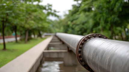 An industrial pipeline system runs through a serene natural environment with lush trees and a water channel