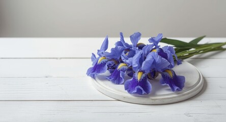 Naklejka premium Copy space background featuring blue iris flowers on classic white wooden board