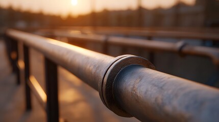 Close up of an industrial pipeline system catching the warm light of the golden hour