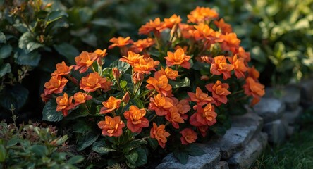 Glowing orange tuberous begonias with vibrant flowers in a thriving garden plot