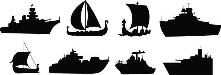 Collection of Warship, Viking Boat and Sailboat Silhouettes Isolated on White Background for Maritime Design © rakib's world