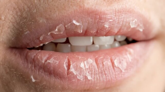 Extreme close up of dry, chapped lips with visible peeling skin and cracks. Illustrates dehydration, vitamin deficiency, or harsh weather effects on skin. Ideal for medical or skincare content.