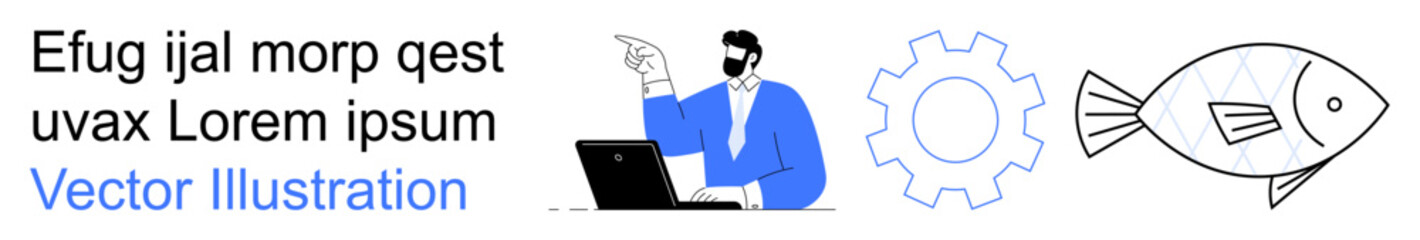 Business workflow, creativity, teamwork, innovation, process optimization, corporate planning. Person using a laptop, gear icon and fish drawing. Workflow and creativity concepts © robu_s