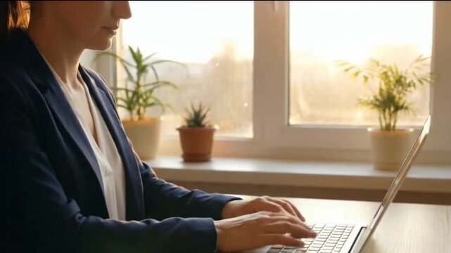 Working Bliss: A person focuses intently, working on a laptop, embraced by the warmth of natural light.