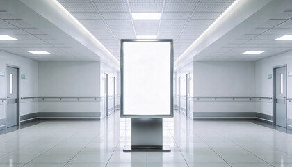 Fototapeta premium Modern hospital corridor with blank advertising billboard