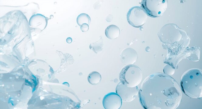white and blue gel bubbles on smooth white background optimized for skincare product display copy space