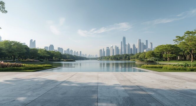 Smooth cement floor with copy space overlooking a tranquil lake garden and futuristic city skyline