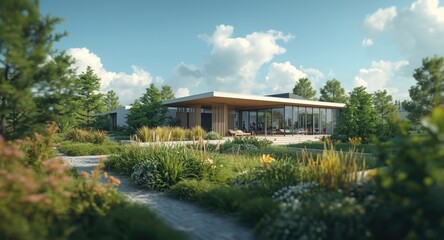 Sustainable energy efficient design concept for eco friendly urban and rural settings illustrated in 3D rendering