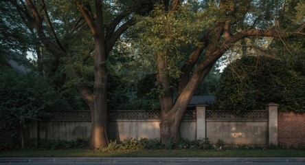 Obraz premium Peaceful environment showing trees entwined with residential walls symbolizing urban nature resilience