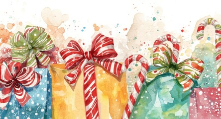 Naklejka premium Watercolor painting of vibrant holiday gifts and striped candy canes