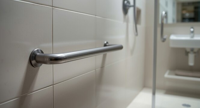 Grab bar in modern bathroom setting aimed at fall prevention and accessibility