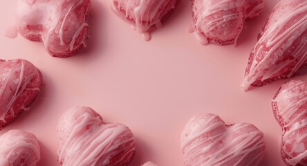 Obraz premium Sugar glazed Valentine heart shaped treats on pink surface with copy space for text