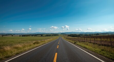 Obraz premium Bright blue sky illuminating an asphalt road to distant hills