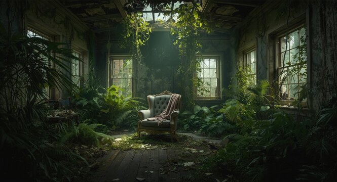 post apocalyptic interior with classic furnishings and dense plant growth background