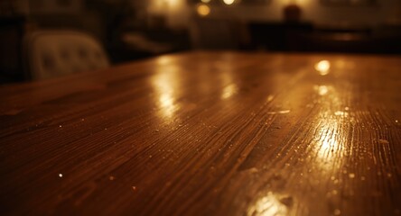 Obraz premium Clear wood surface lit by soft sparkling lights beside a subtly blurred dining room background