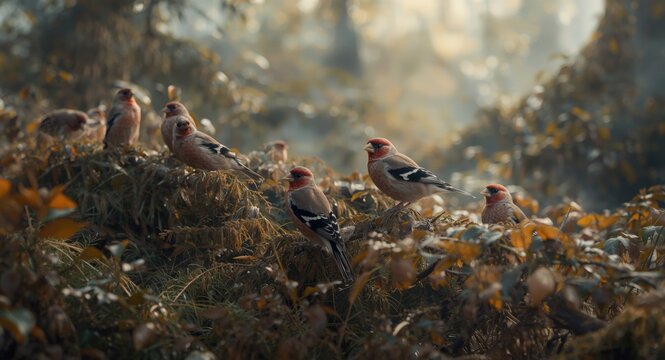 Multiple common rosefinches with vivid plumage in a single forest image