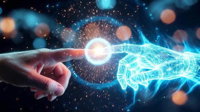 Human hand and wireframe robot hand interacting, sparking with light in a technological blue circle. AI agent collaboration and human-in-the-loop governance.