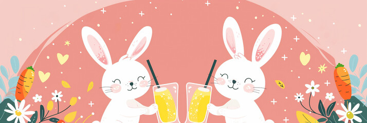 Cute cartoon rabbits celebrating Easter with drinks and flowers in a colorful spring setting