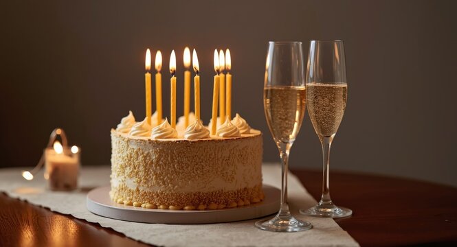 High resolution birthday cake with lit candles alongside elegant champagne glasses on table