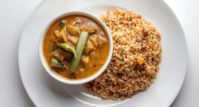 Top view photograph of okra soup served alongside eba on a clean white platter