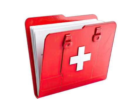 Glossy red first aid file with clasp, white cross symbol, and white paper inside