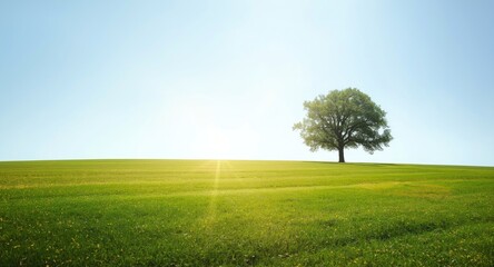 gentle expansive lawn highlighted by a remote tall tree in summer light