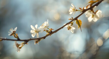 Obraz premium Close view of a delicate tree branch with soft white spring flowers in sunlight