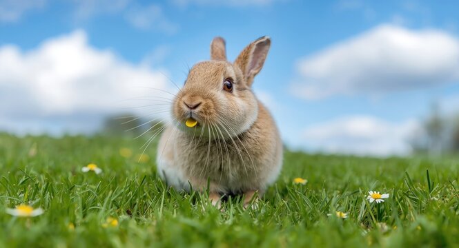 Playful rabbit eagerly requesting treats on a vibrant green grass lawn full length view summer afternoon copy space
