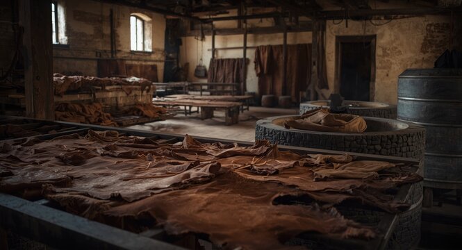 Rustic leather production with drying skins near stone vats in a vintage tannery